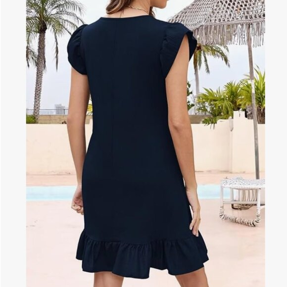 Lightweight V-Neck Ruffle-Cap Sleeve Frilly Sundress (Dark Blue) - Picture 2 of 7